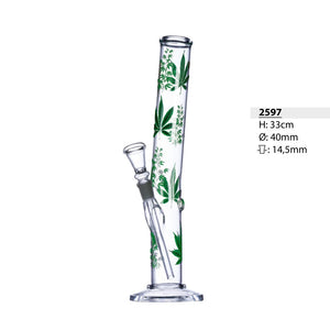 Gebogene Glasbong Zylinder mit Hanfblatt-Design